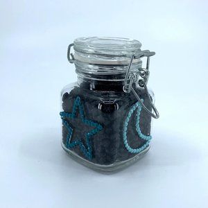Airtight glass storage jar with clasp lid. Pastel teal, turquoise Diamond Dotz.